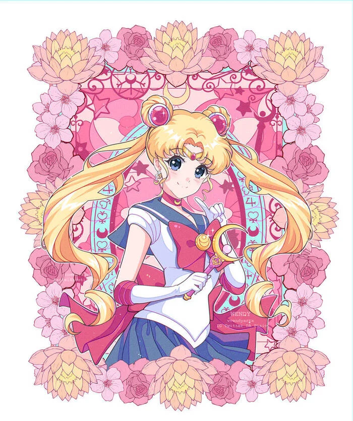 Сейлор Мун на фоне цветов - Tsukino Usagi, Sailor Moon, Арт, Аниме, Anime Art