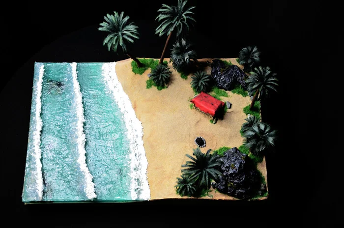 Beach diorama | The Sims 2: Castaway | DIY (part 2) - My, Beach, Sand, Wave, Textures, Sea, Ocean, Games, Diorama, Palm trees, A rock, Gypsum, Grass, Miniature, Mini, Seashells, Longpost