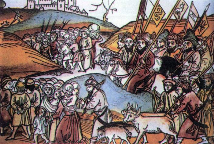 Татары возвращаются в Крым с полоном, миниатюра XVI в.