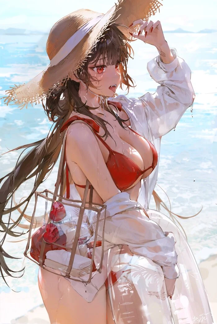 Well, it's hot... - Anime art, Original character, Anime, Girls, Swimsuit, Straw hat, Inflatable circle, Beach, Sea