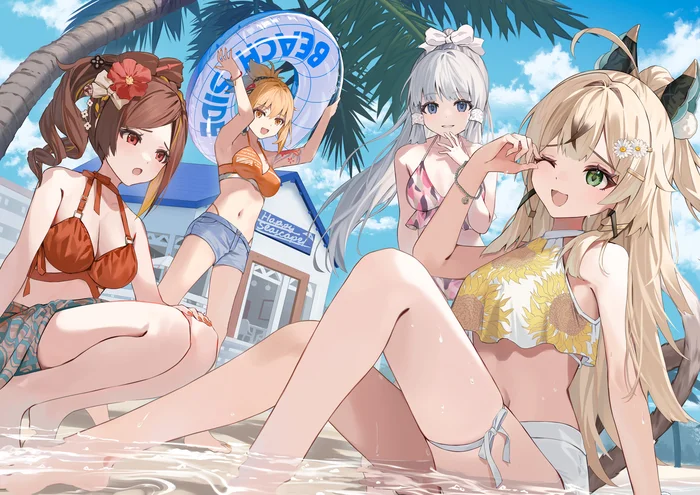 On the beach - Anime art, Anime, Girls, Games, Genshin impact, Kirara (Genshin Impact), Yoimiya (Genshin Impact), Kamisato Ayaka (Genshin Impact), Chiori (Genshin Impact), Shorts, Swimsuit, Bikini, Beach, Animal ears, Tail, Summer