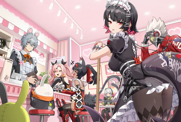 Made Cafe - Anime art, Anime, Zenless Zone Zero, Anby Demara (zzz), Billy Kid (zzz), Ellen Joe (zzz), Nekomiya Mana (zzz), Nicole Demara (zzz), Wise (zzz), Girls, Long hair, Animal ears, Birthmarks, The dress, Sitting, Stockings, Tights