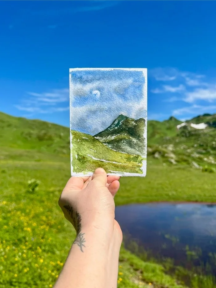 Нытье в комментарии - Моё, Акварель, Пленэр, Этюд, Луна, Горы, Озеро, Нытье