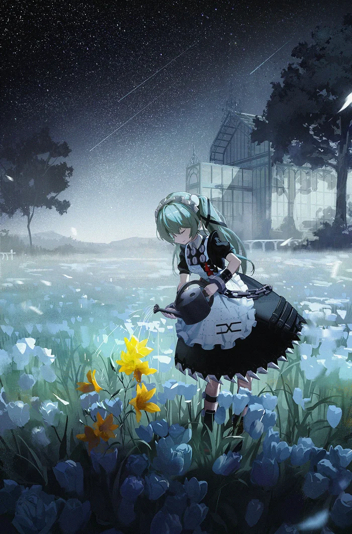 Corinne - Anime art, Anime, Corin Wickes (zzz), Zenless Zone Zero, Housemaid, Flowers, Watering can, Starry sky