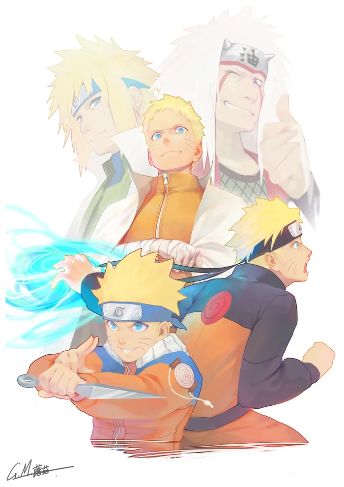 Naruto's Teachers and Himself: By GM - Minato Namikaze, Jiraiya, Naruto, Anime, Anime art, Art