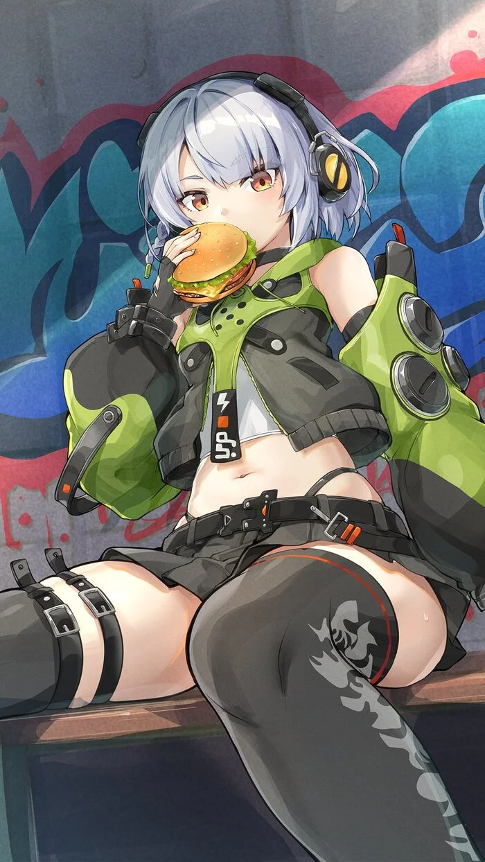 Snack - Anime art, Anime, Girls, Games, Zenless Zone Zero, Anby Demara (zzz), Food, Is eating, Stockings