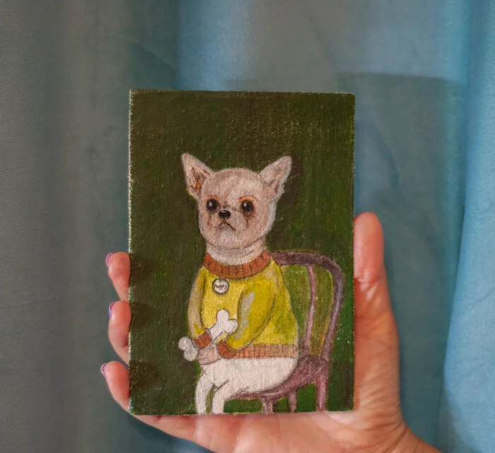 Mom's Mischief, miniature painting - My, Chihuahua, Dog, Puppies, Friend, Miniature, Dog lovers, Acrylic, Painting, Painting, Animalistics, Author's painting, Canvas