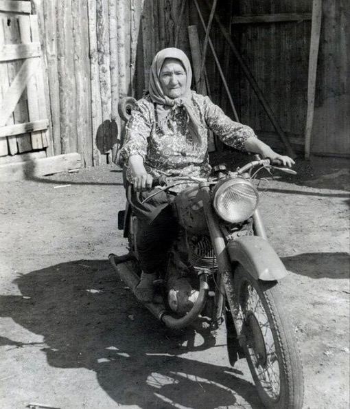 An elderly woman on a motorcycle IZH-56, 1965 - Motorcyclists, Grandmother, The photo, Moto