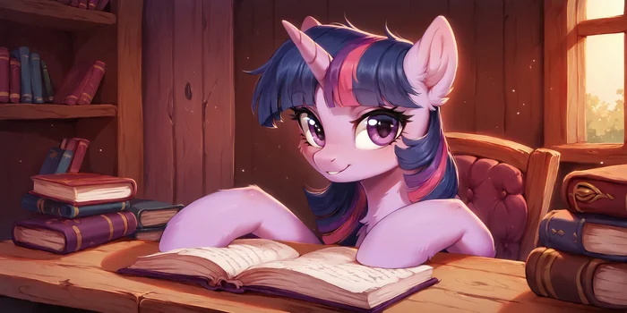 «Book-book-book-book! Book?» - Neural network art, My little pony, Books, Twilight sparkle
