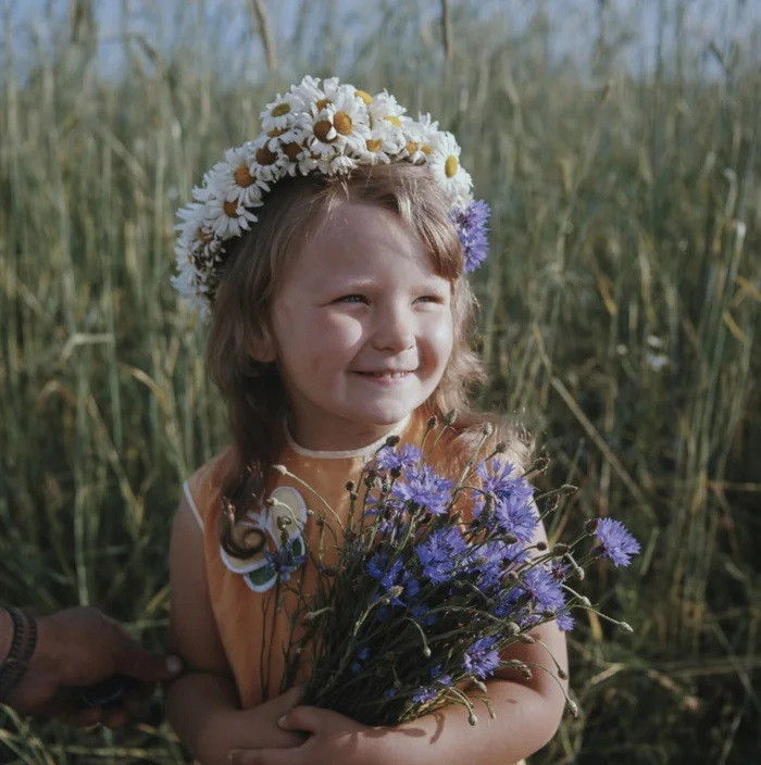 A girl with a bouquet of cornflowers in the Yaroslavl region, USSR, 1975 - the USSR, Girl, Cornflowers, Childhood in the USSR, Made in USSR, Retro, 70th, Telegram (link), Yaroslavskaya oblast, Film, Bouquet, Field, Heat, Summer, Old photo, Children