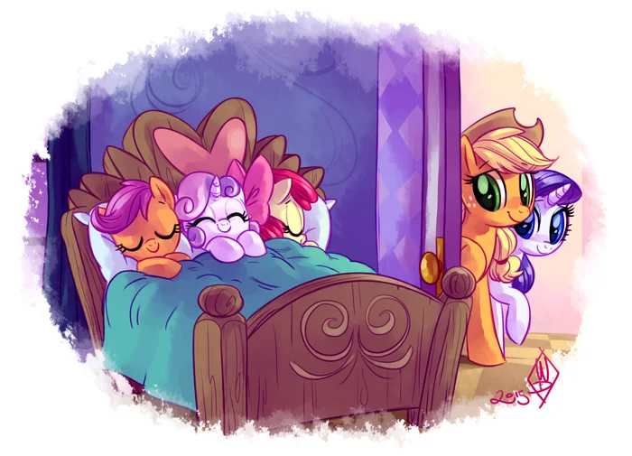 Adult Case of Mark Seekers in Bed - My little pony, Art, Sweetie belle, Scootaloo, Applebloom, Applejack, Rarity, Rarijack Daily, Cutie mark crusaders