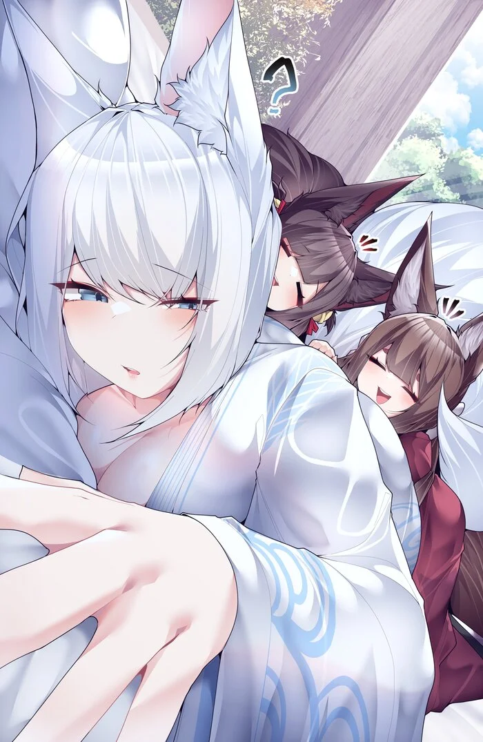 Shiraori's response in Kaga and the Babes - Samip, Art, Anime, Anime art, Azur lane, Animal ears, Tail, Kitsune, Kaga, Amagi, Akagi, Shinano, Reply to post