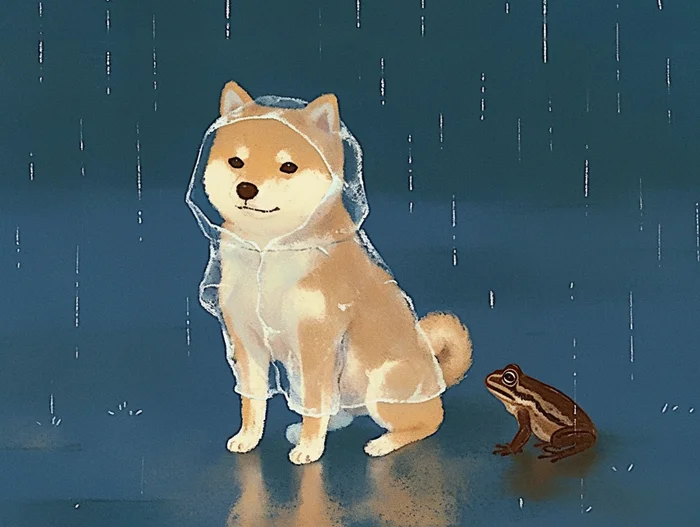 One rainy day... - My, Art, Anime, Anime art, Memes, Milota, Neural network art, Toad, Frogs, Wednesday, It Is Wednesday My Dudes, Midjourney, Atmosphere, Friends, Raincoat, Rain, Shiba Inu, Dog, Desktop wallpaper, Longpost