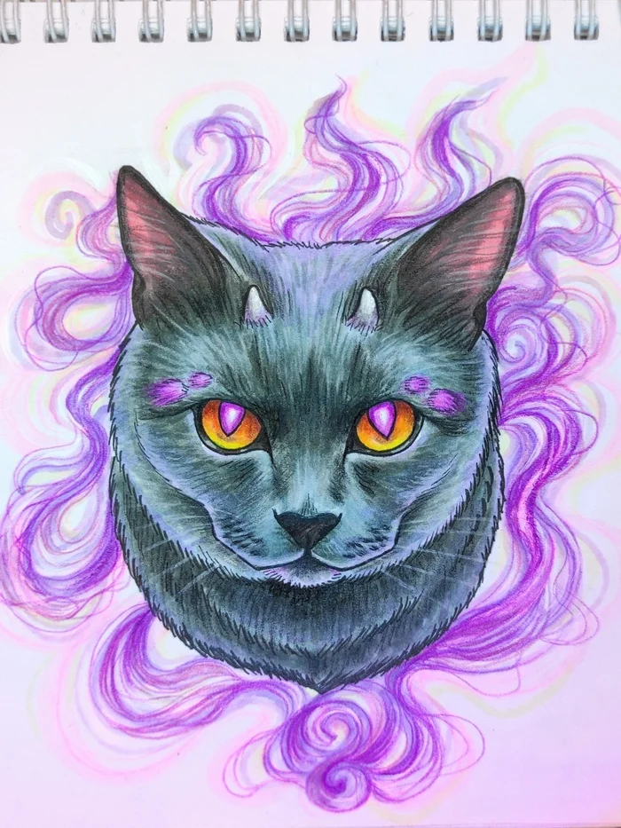 cat - My, Creation, cat, Animals, Demon, Painting, Illustrations, Alcohol markers, Marker, Watercolor pencils, Art, Drawing, Colour pencils, Traditional art, I share, Creative, Artist, British cat, Horns, Magic, Longpost