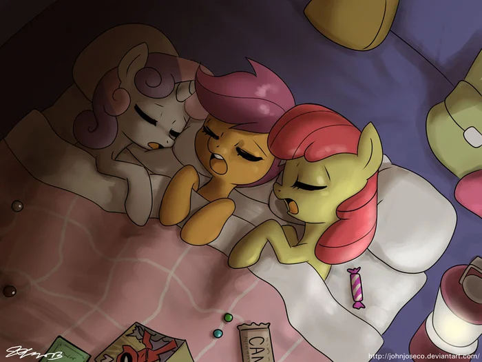 Три Кобылки В Одной Постельке - My Little Pony, Арт, Applebloom, Sweetie Belle, Scootaloo, John Joseco