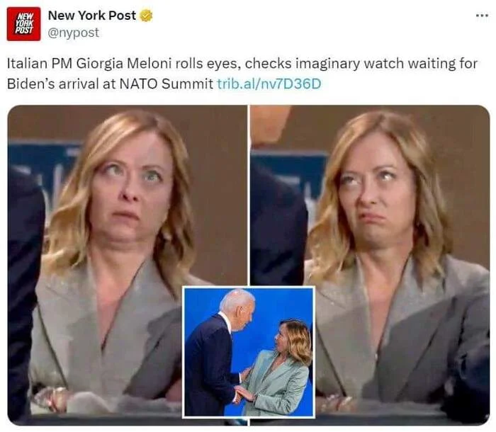 Italian Prime Minister Meloni awaits Biden's arrival at the NATO summit - Humor, Images