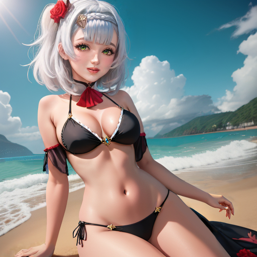 Noelle sunbathing on the beach (Noelle) - NSFW, My, Genshin impact, Noelle (Genshin Impact), Anime art, Erotic, Anime, Hand-drawn erotica, Games, Neural network art, Girls, Game art