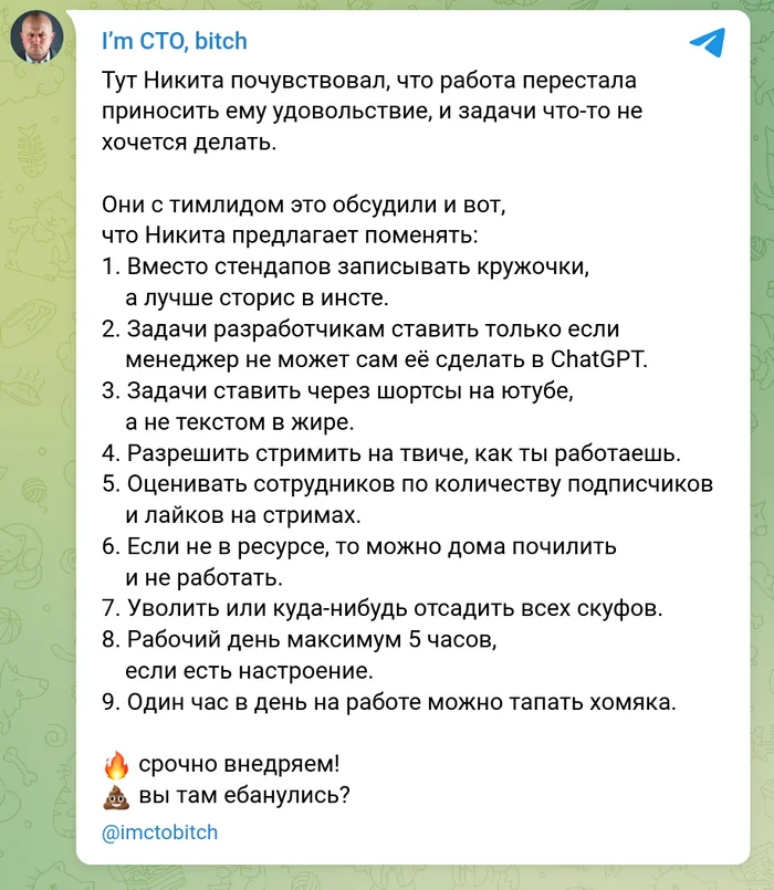 Работа для зумеров - Моё, I`m CTO bitch, IT юмор, IT, Разработка, Офисные будни, График работы, Юмор, Современное поколение, Chatgpt, Мечта, Работа мечты, Лучший работник, Идея, Программист, Мат, Hamster Kombat, Хомяк