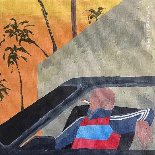 The pasans have arrived - My, Painting, Painting, Acrylic, Oil painting, Canvas, Author's painting, Gopniks, GOP stop, Adidas, Sport, Sportswear, Paints, Watercolor, Evening, Courtyard, Auto, Car service, Cigarettes, Smoking, Traditional art