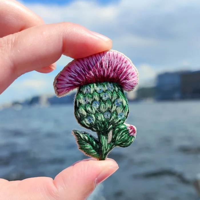 Travel brooches - My, Satin stitch embroidery, Brooch, Thistle, Handmade, Presents, Longpost