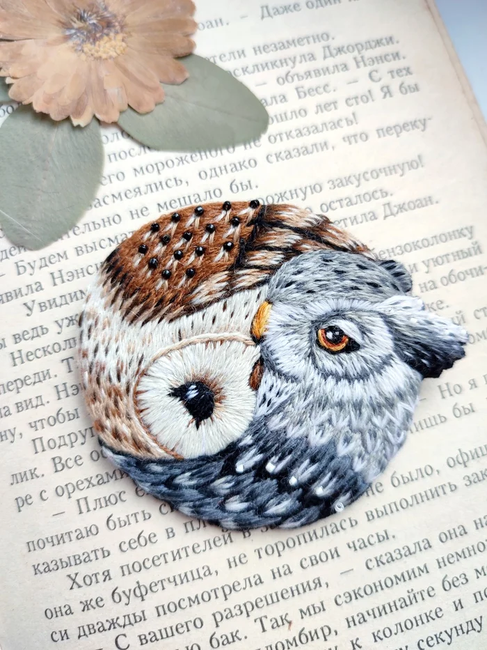 Owl Ying-Yang - Satin stitch embroidery, Presents, Handmade, Owl, Brooch, Longpost, Needlework without process