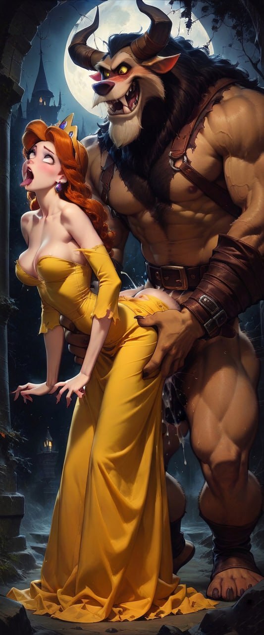 Well, this is how it really happened! - NSFW, Erotic, Art, Boobs, Disney princesses, The beauty and the Beast, Neural network art, Telegram (link), Girls, Booty, Ahegao