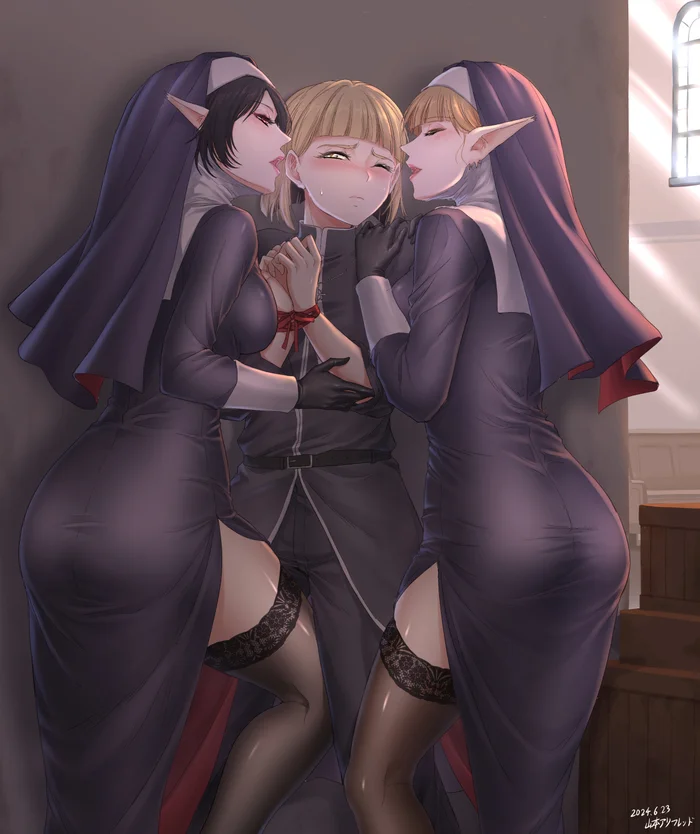 The Hornets are attacking! - Pixiv, Anime, Anime art, Elves, Hips, Stockings, Nun, Original character, Booty