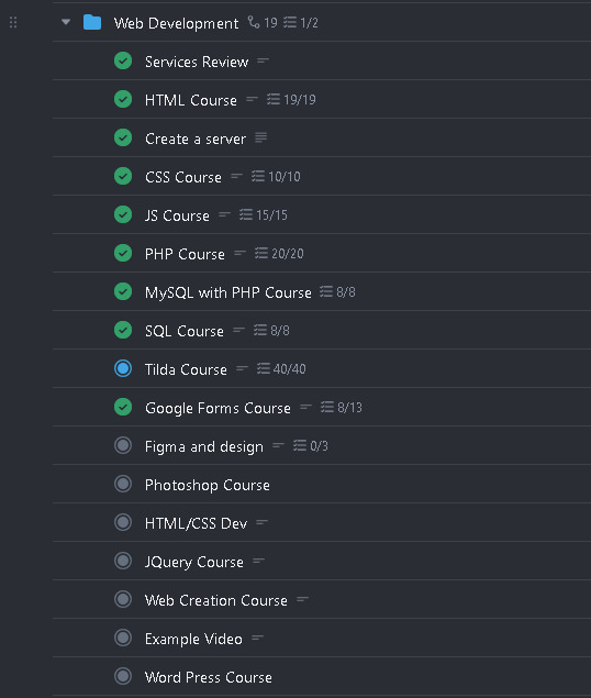 Вот так выглядел (да и сейчас примерно также выглядит) мой таск-трекер с уроками и заданиями по разным темам