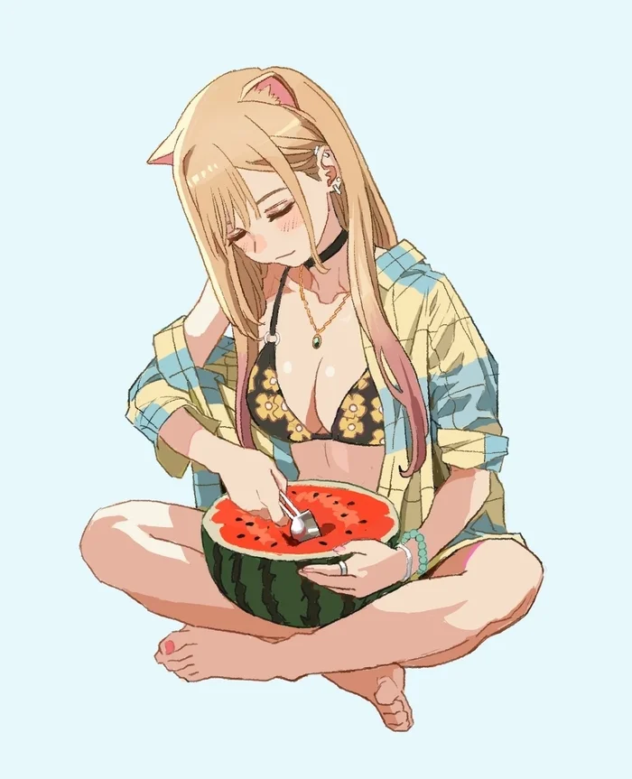 Kittygawa Meowrin - Shiren (ourboy83), Art, Anime, Anime art, Sono Bisque Doll wa Koi wo Suru, Marin Kitagawa, Animal ears, Neko, Watermelon