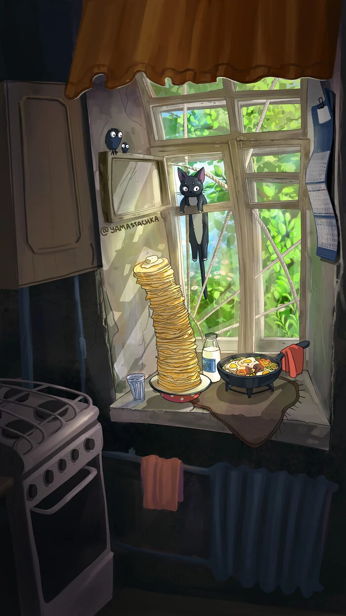 Kitchen - Art, Drawing, cat, Birds, Pancakes, Food, Kitchen