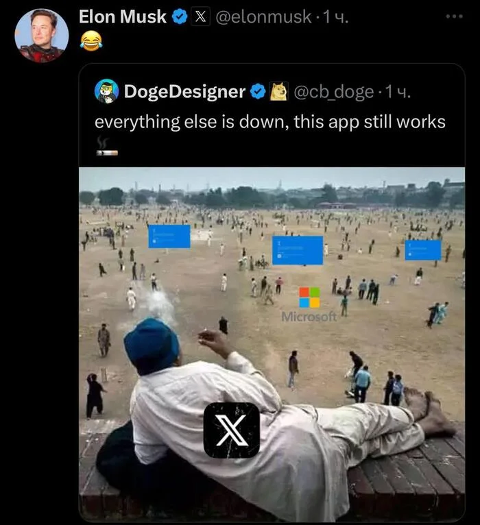 Владелец X Илон Маск отреагировал на глобальный сбой в IT-системах, репостнув картинку о проблемах в операционной системе Windows - Илон Маск, Новости, Сбой, Twitter, Microsoft, Windows, Синий экран смерти, Общество, Информационная безопасность, Операционная система, Антивирус, Обновление, Скриншот, Юмор, IT юмор