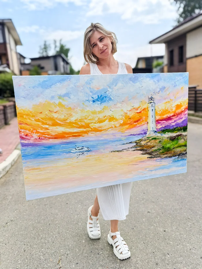 How are you without beacons?! - My, Palette knife, Girls, Sea, Sunset, Canvas, Friday tag is mine, Friday, Painting, Lighthouse