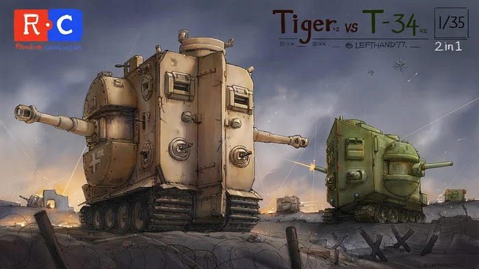 Battle boxes: Tiger VS T-34 - Anime art, Tanks, Tiger, T-34, Tank troops, alternative history, Madness