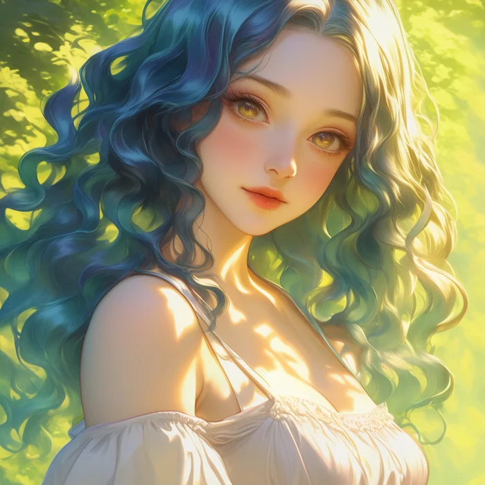 Anime art - My, Neural network art, Art, Anime art, Girls, Nature, Blue hair, The dress, Colorful hair, Longpost