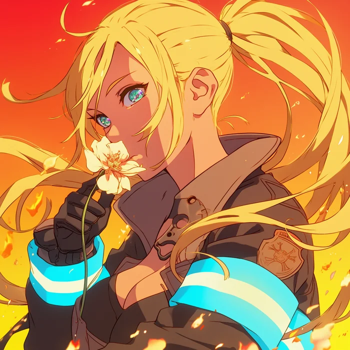 Anime art - My, Neural network art, Art, Anime art, Girls, Flowers, Fire, Flame, Firefighters