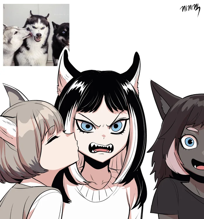 Continuation of the post “Humanization” - Art, Anime, Anime art, Humanization, Animal ears, Gegegekman, Tail, Husky, Dog, Reply to post, A wave of posts