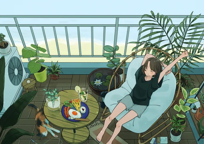 Rest zone - Anime, Anime art, Original character, Balcony, Houseplants, Recreational area, Girls, cat