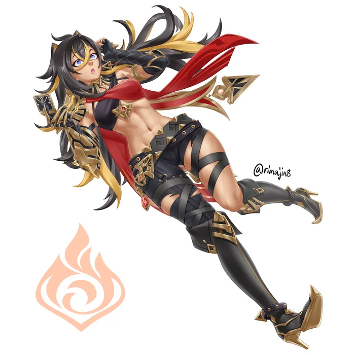 SaturDehya - Anime, Anime art, Pixiv, Genshin impact, Dehya (Genshin Impact), Hips, Stomach, Navel