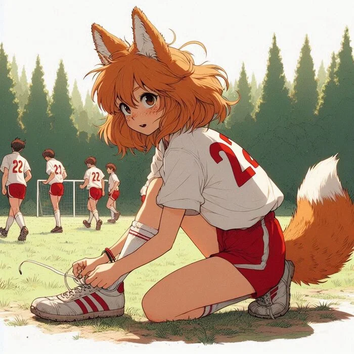 Farmer's football - My, Нейронные сети, Neural network art, Girls, Art, Anime art, Anime, Original character, Kitsune, Animal ears, Tail, Redheads, Freckles, Football, Summer, Ginger & White, Longpost