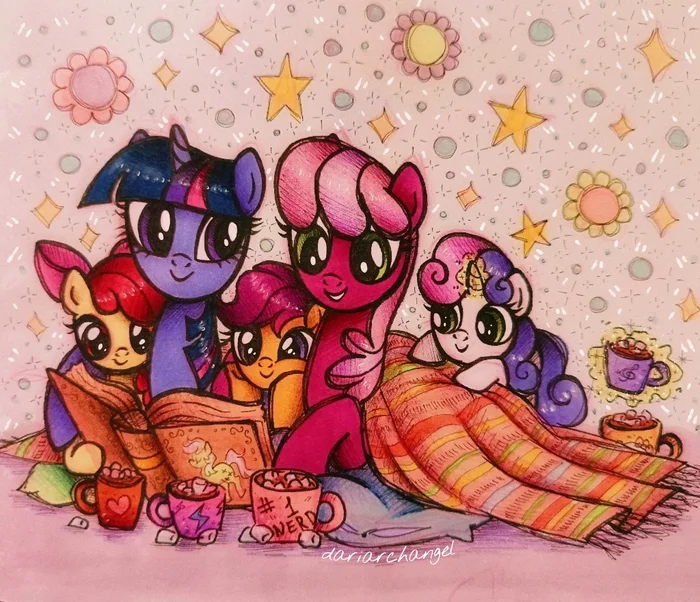 Ponki gathered to read a book - My little pony, Art, Applebloom, Sweetie belle, Scootaloo, Cheerilee, Twilight sparkle