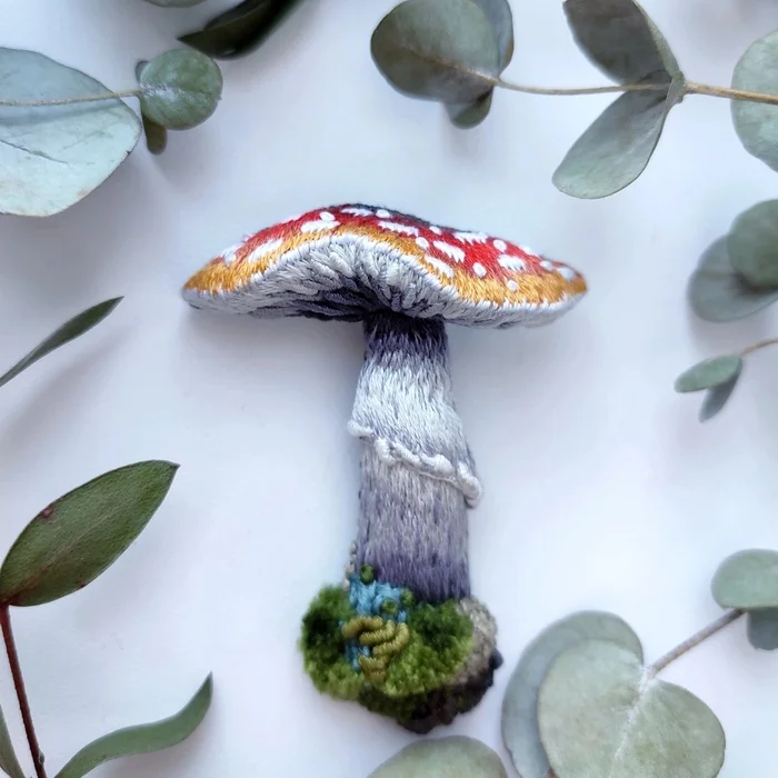 Fly agarics in spring - My, Satin stitch embroidery, Handmade, Brooch, Fly agaric, Longpost, Needlework without process