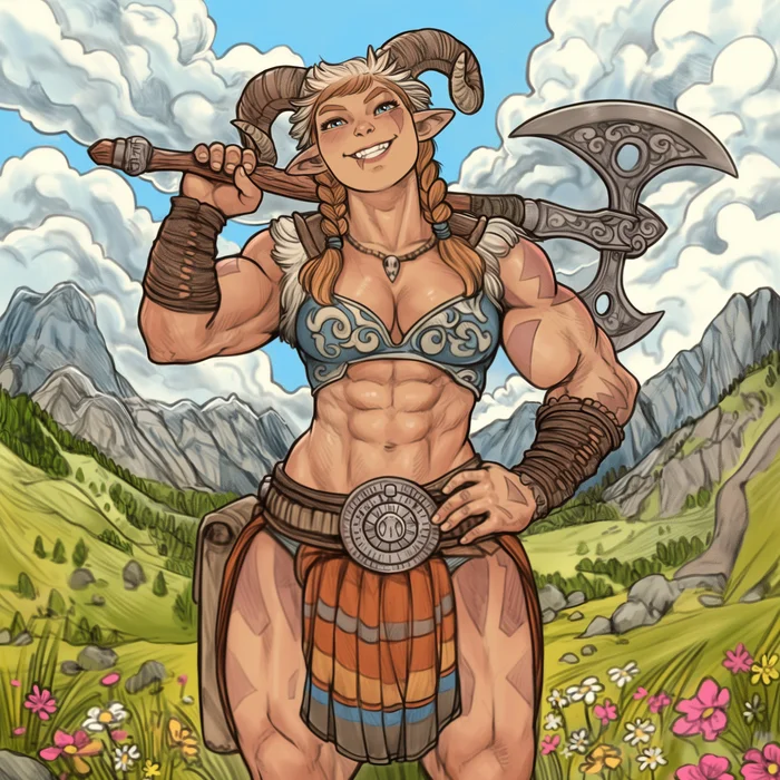 Barbara the Satyr - My, Neural network art, Midjourney, Pinanoc, Girls, Barbarian, Barbarian, Barbara, Satyr, Dungeons & dragons, Strong girl