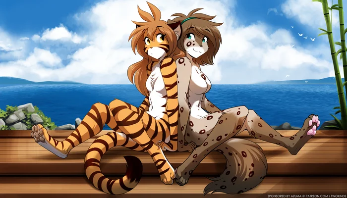 Flora and Kat: Back to Back - Furry, Anthro, Art, Furry edge, Furry tiger, Furry feline, Twokinds, Tom Fischbach, Flora, Kathrin