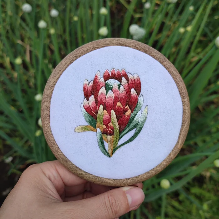 Protea - a symbol of masculinity - My, Brooch, Satin stitch embroidery, Protea, Handmade, Presents, Needlework without process, Longpost