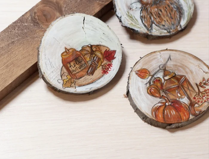 Soulful art on wood cuts - My, Autumn, Decor, Hygge, Painting on wood, Sawing wood, Handmade, Needlework, Painting, Painting, Acrylic, Longpost