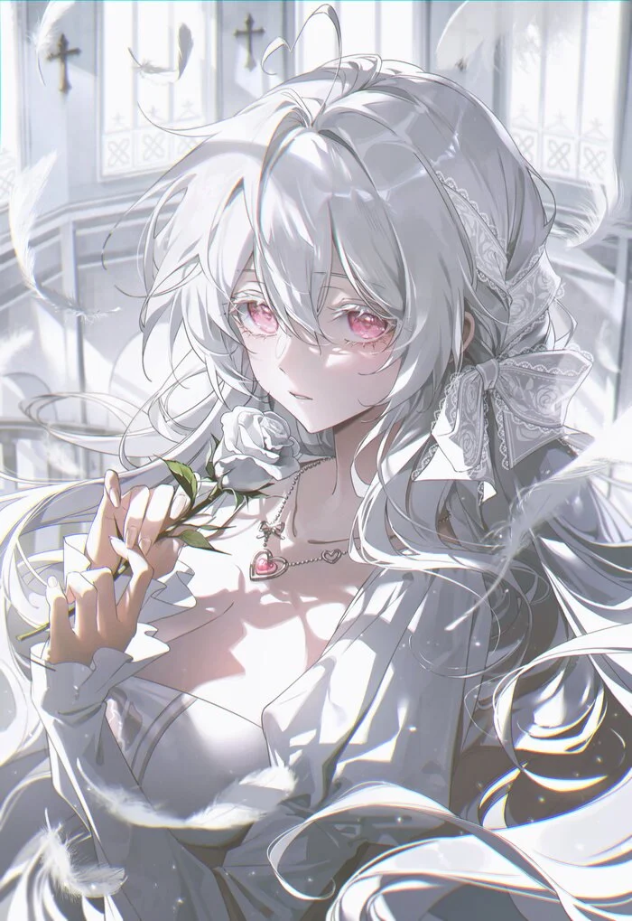 Angel - Anime art, Original character, Anime, Girls, the Rose, White hair, Red eyes, Feathers