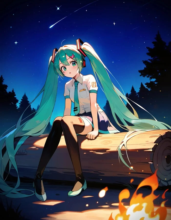 Посиделки летней ночью - Hatsune Miku, Vocaloid, Anime Art, Vocaloid Art, Аниме