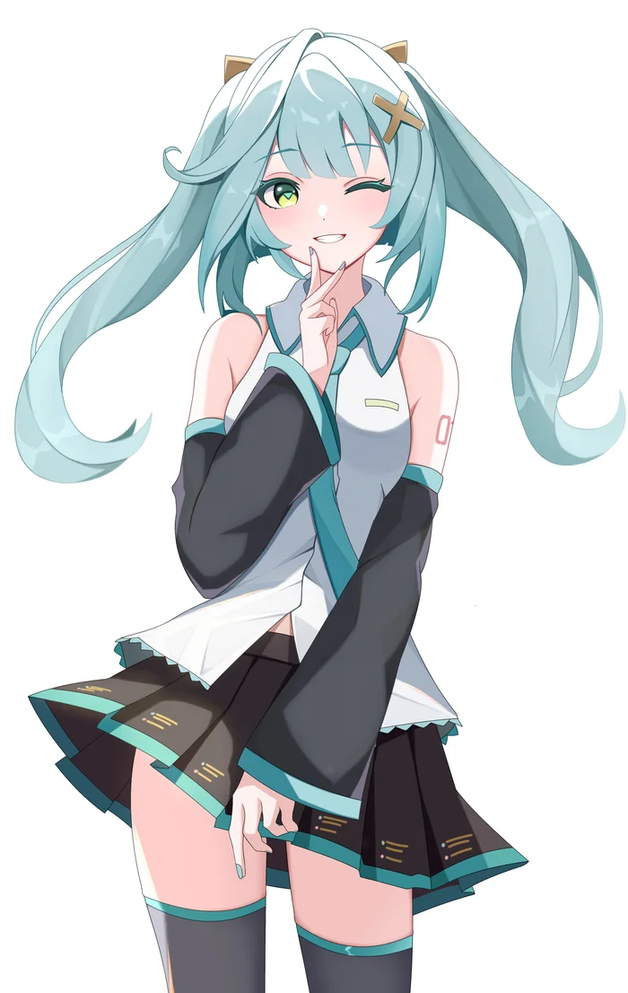 Mikuzan - Anime art, Anime, Genshin impact, Hatsune Miku, Faruzan (Genshin Impact), Skirt, Long hair, Barrette, Vocaloid, Crossover, Girls