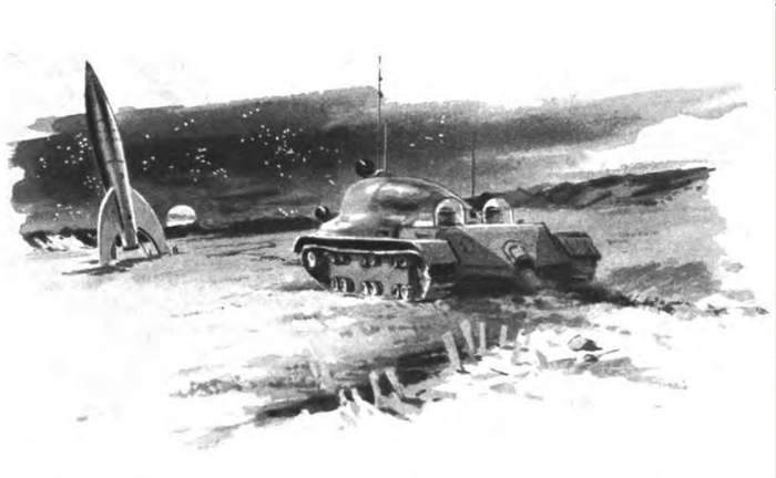 Советская экспедиция на Марсе. Иллюстрация Ю. Реброва к научно-фантастическому очерку Б. Ляпунова «Мы — на Марсе» (1956)