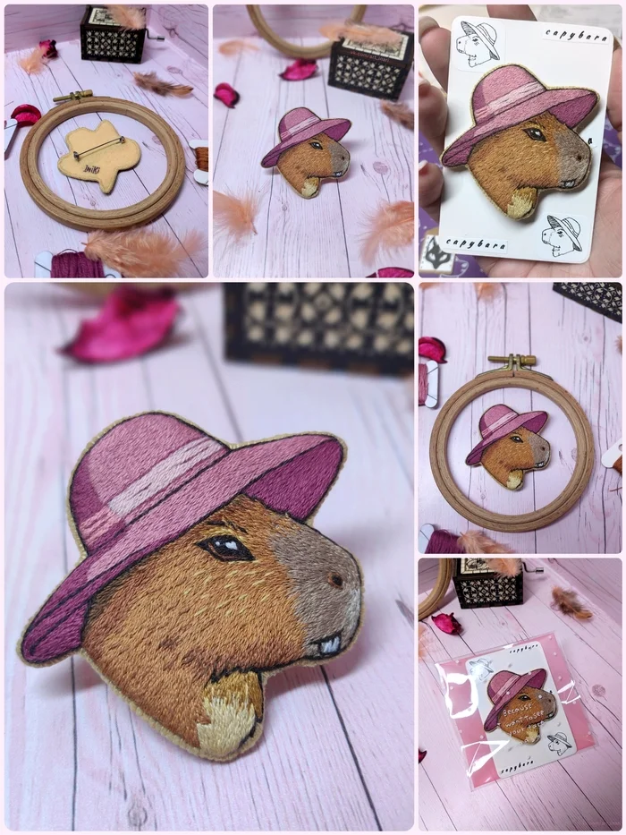 Capybara brooch - My, Creation, Creative, Handmade, Needlework without process, Needlework, Embroidery, Satin stitch embroidery, With your own hands, I share, Crafts, Brooch, Icon, Decoration, Capybara, Animals, Hat